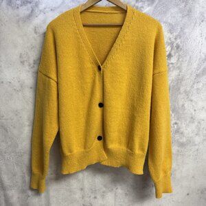 Vintage Cardigan Knit Sweatshirt Womens Yellow L V Neck Polyester Grandma